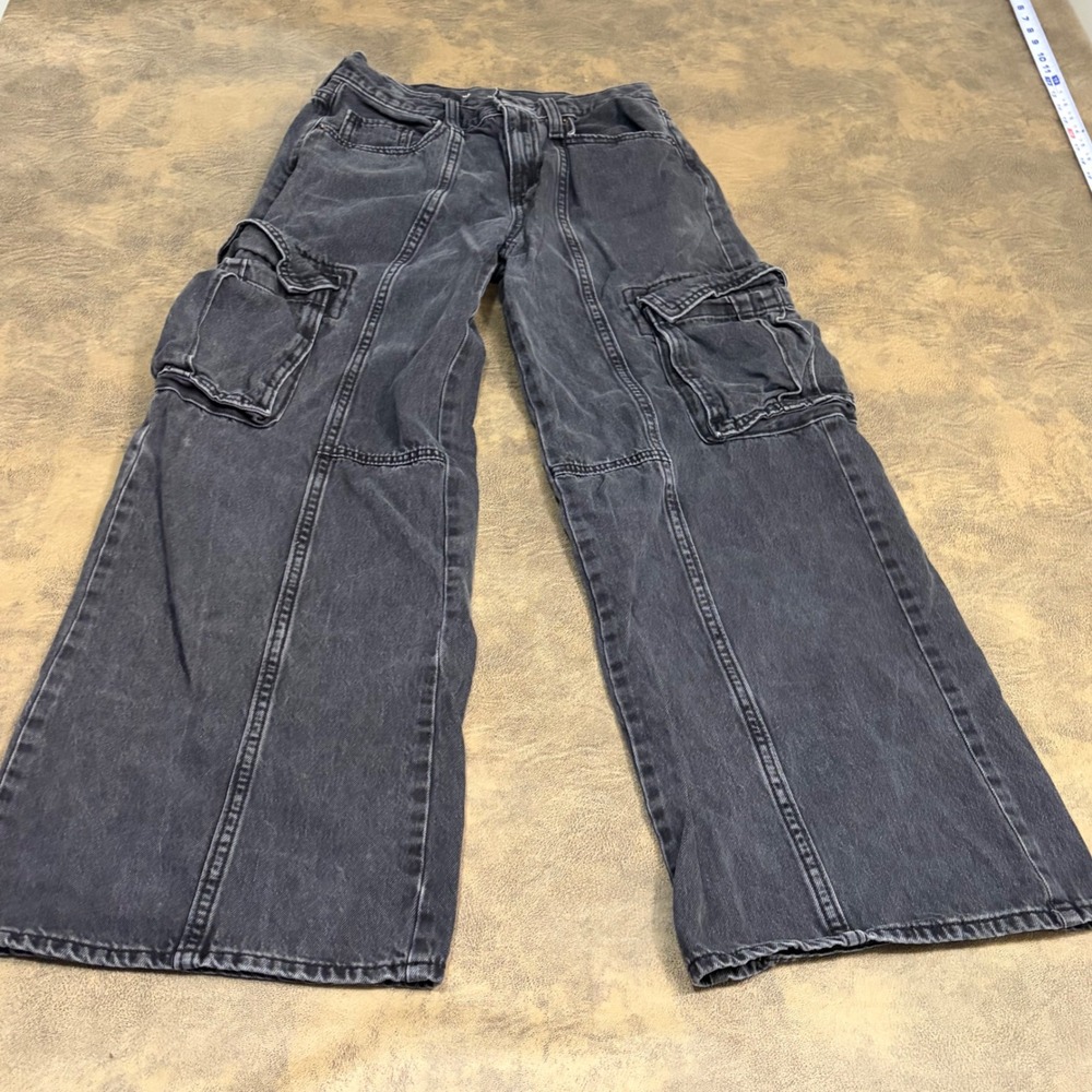 Old Navy Cargo Jeans Girls Size 16 Black High Rise Baggy Wide Leg Seam Detail